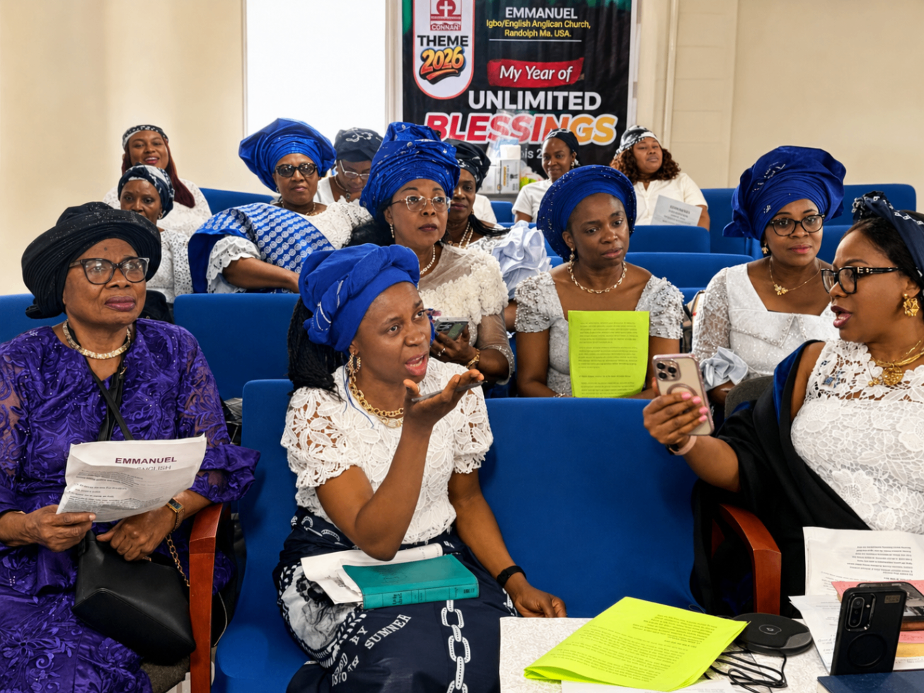 Women of Emmanuel Anglican Church seated together in coordinated attire during the Mother's Sunday 2026 service