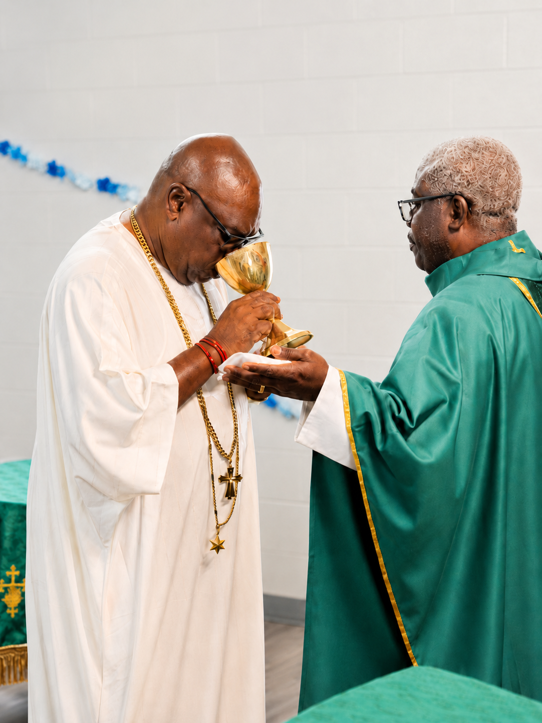 His Royal Majesty receiving Holy Communion from the celebrant at Emmanuel Anglican Church