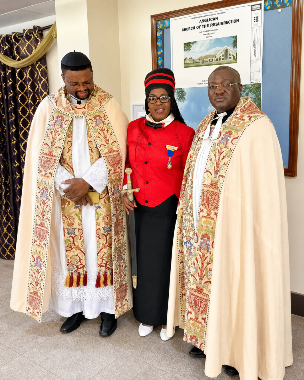 Knights and Dames member standing with clergy in ceremonial vestments after the investiture service