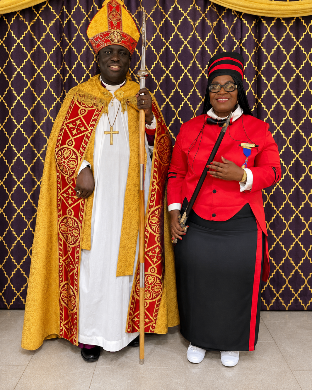 Church leader and Dame posing for a formal photo during a special investiture program